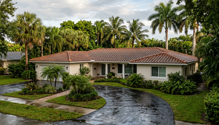 Wide-angle view of a Wellington tile roof after a rainstorm