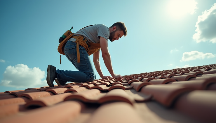 Eye-level view of a professional roofer inspecting a residential roof in Lantana