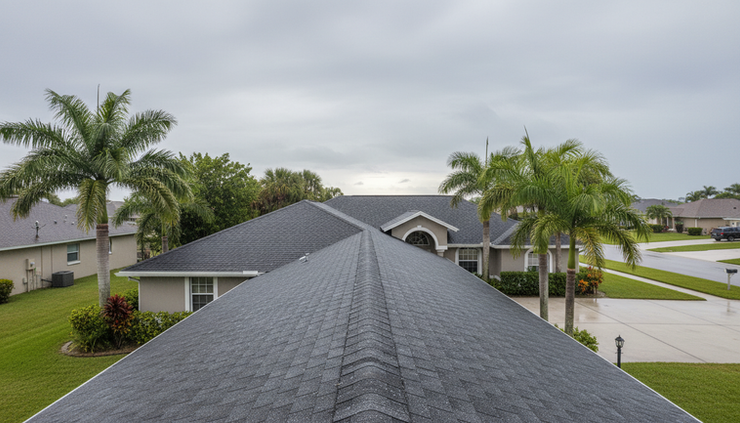 Wide-angle view of a shingle roof on a Port St. Lucie style home after a rainstorm