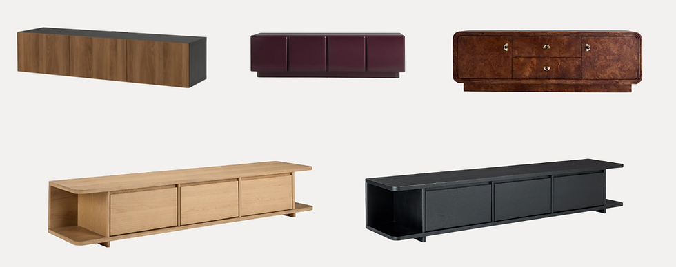 Five low-profile media consoles with drawers for functional living room storage