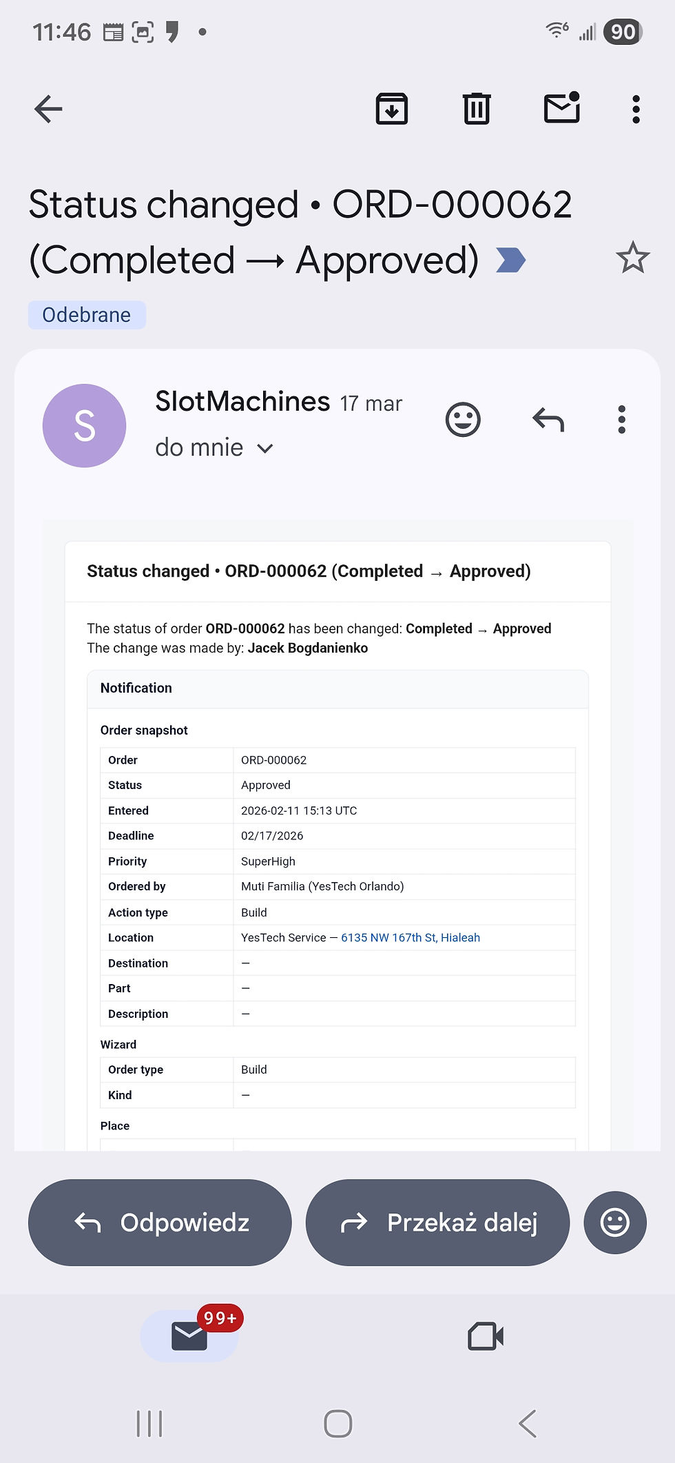 SlotMachines App - Order e-mail confirmation on mobile