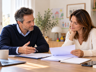 Deux parents séparés discutent autour de documents pour organiser ensemble la vie de leur enfant.