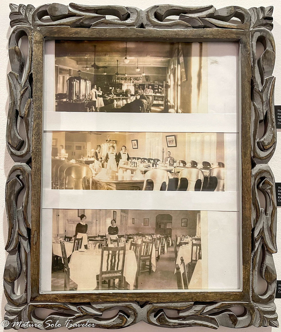 three photographs showing Harvey Girls at work in railway restaurants in the late 1800s.