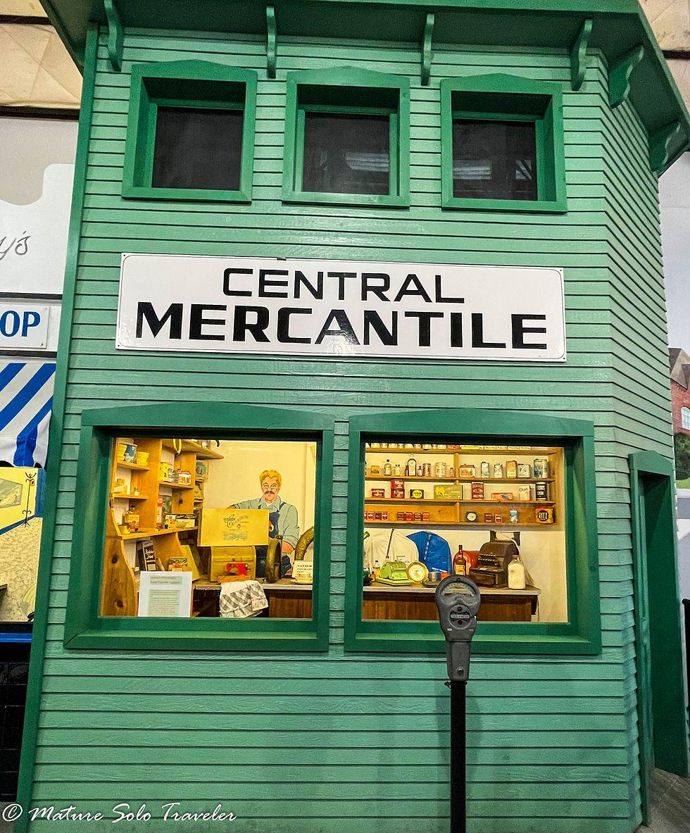 a replica of a two story central mercantile store. wooden horizontal green wood exterior. the inside is brightly lit with a storekeeper behind his counter of goods.