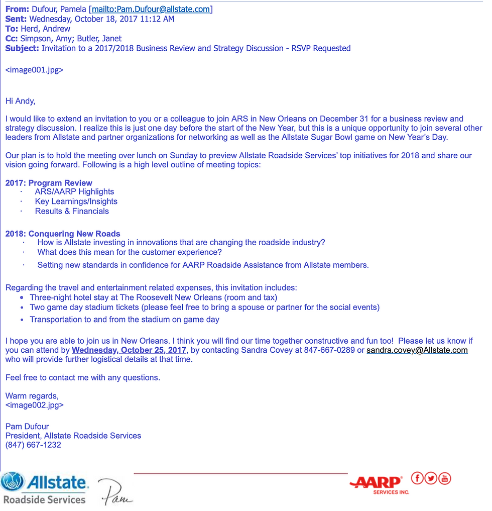 This is the email to Mr. Herd from Pam DuFour inviting him to the Allstate Sugar Bowl. . . a reason I was discriminatorily fired. . .