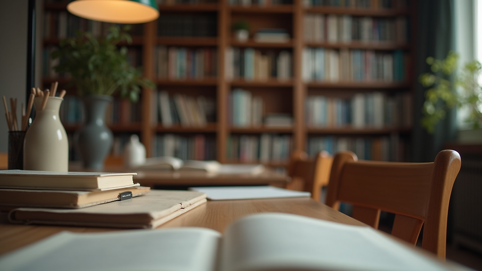 Eye-level view of a cozy study space with books and a desk