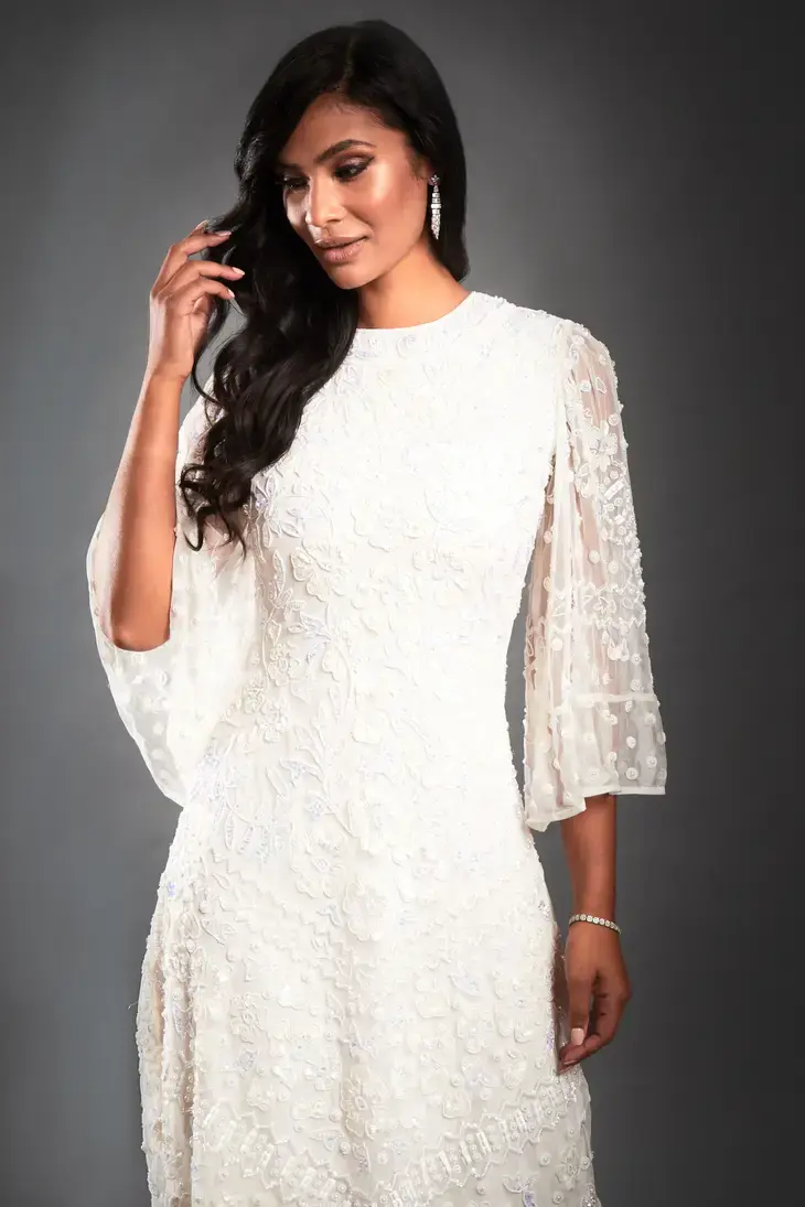 Thumbnail: Tamara Embellished Flare Sleeve Midi Wedding Dress