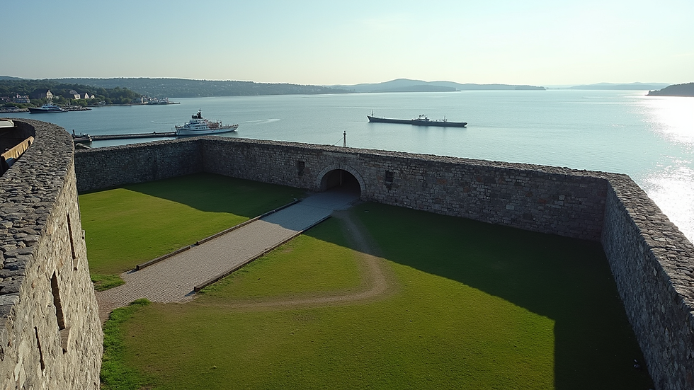 High angle view of Fort Adams with historic stone walls and harbor in background