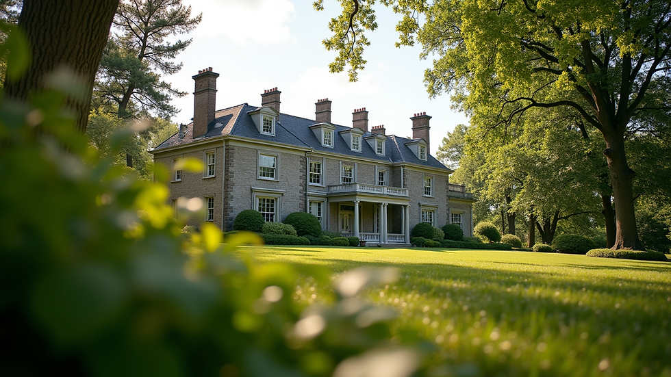 Eye-level view of a historic Newport mansion with lush gardens