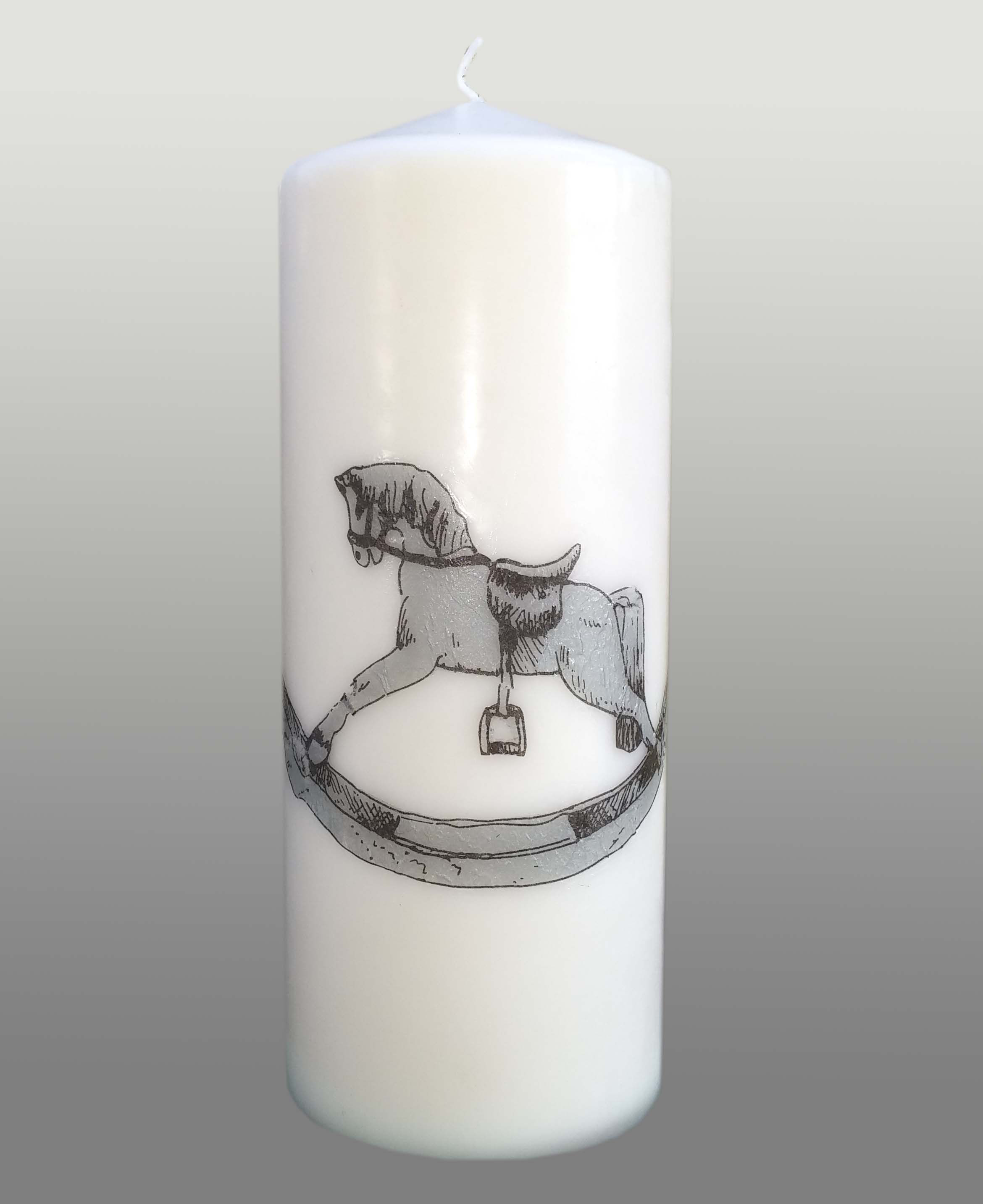 Unscented Off-White Candle with Grey Rocking Horse
