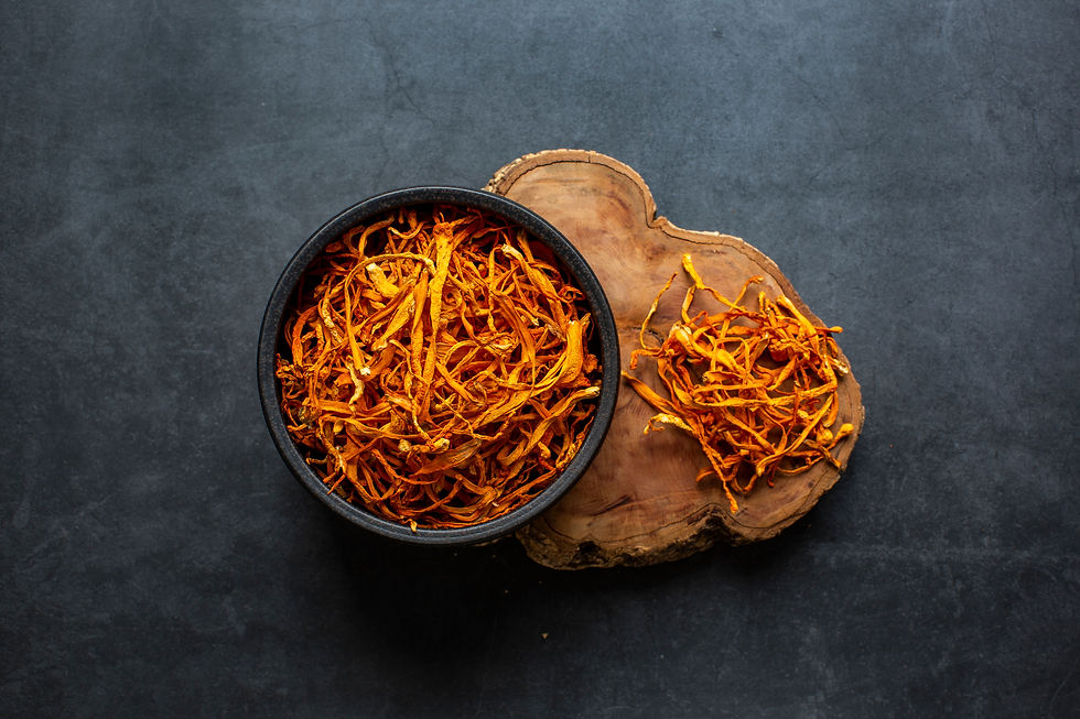 Dried cordyceps militaris mushroom in bowl on dark grey backgroundCordyceps flower.jpg