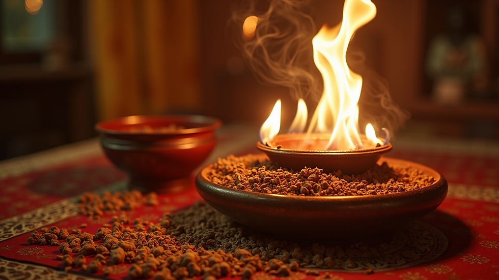 Eye-level view of a traditional Indian altar with incense and sacred herbs