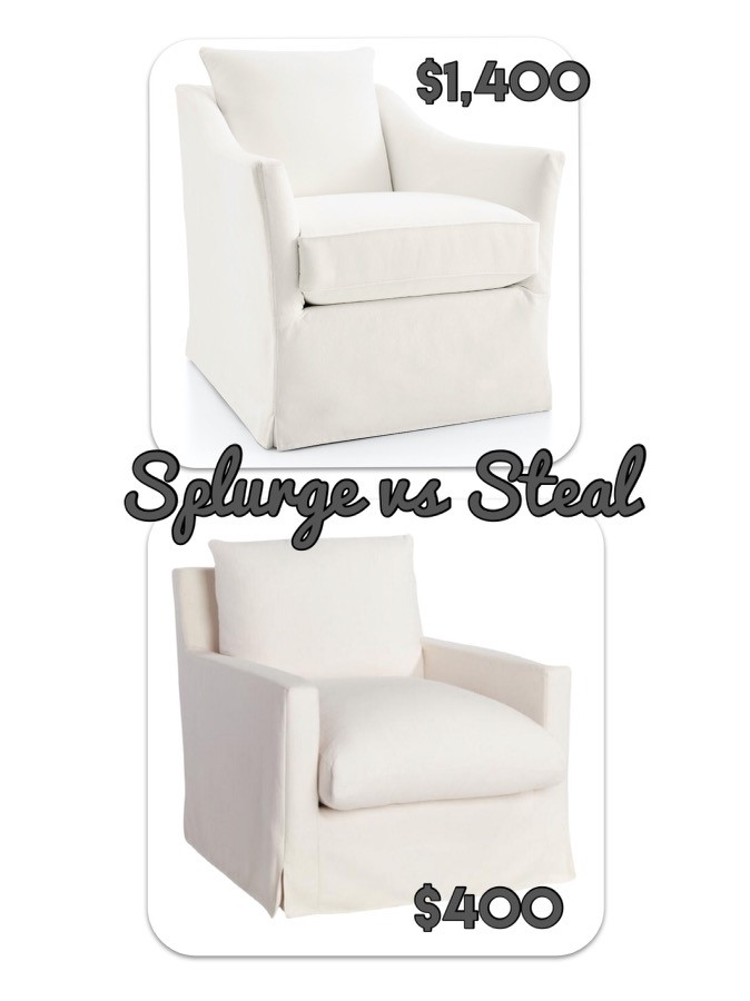 home decor. swivel chair. white furniture. splurge vs steal. arm chair. crate and barrel