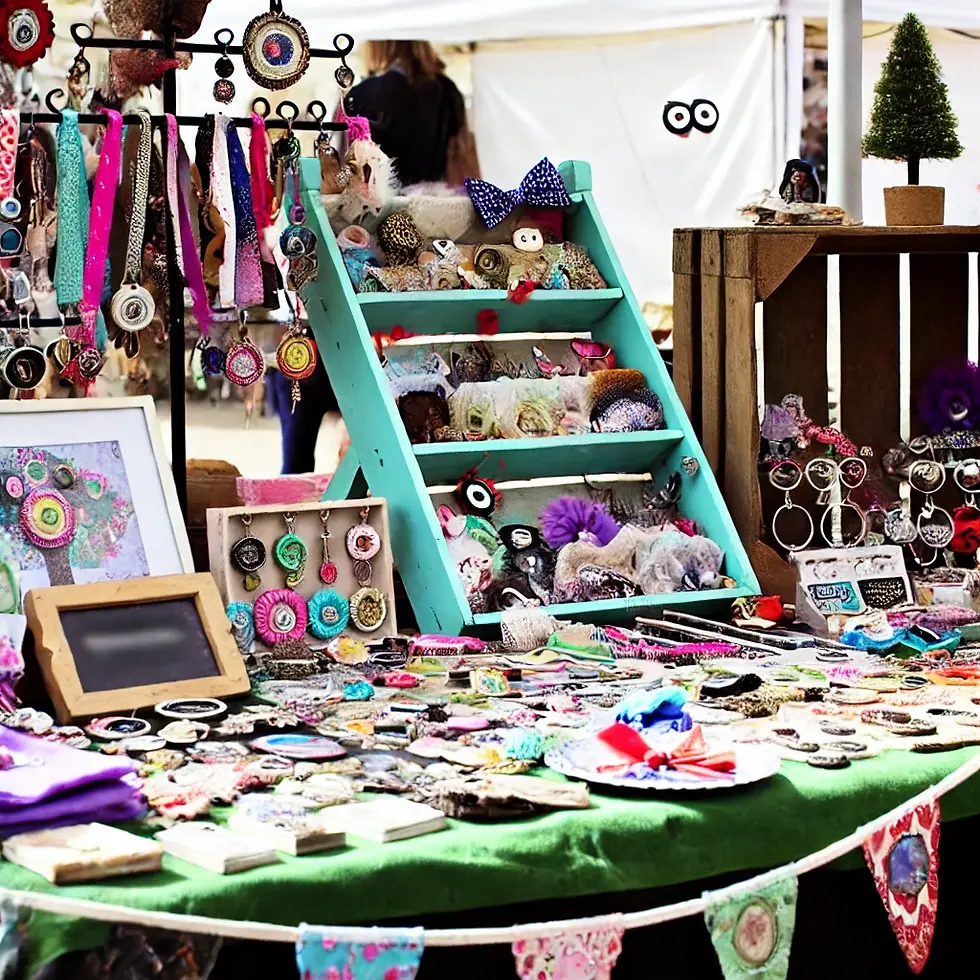 A close-up shot of a well-organized craft stall table with a variety of handmade items on display.