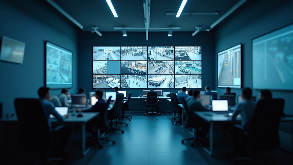 Vue en plongée d’un centre de contrôle de sécurité électronique avec plusieurs écrans de vidéosurveillance