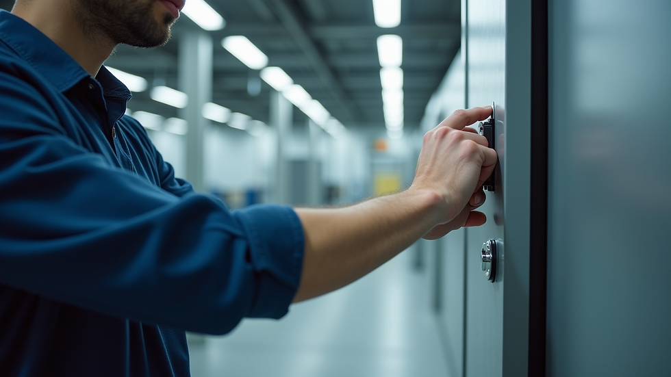Vue rapprochée d’un technicien installant un capteur de sécurité sur une porte industrielle