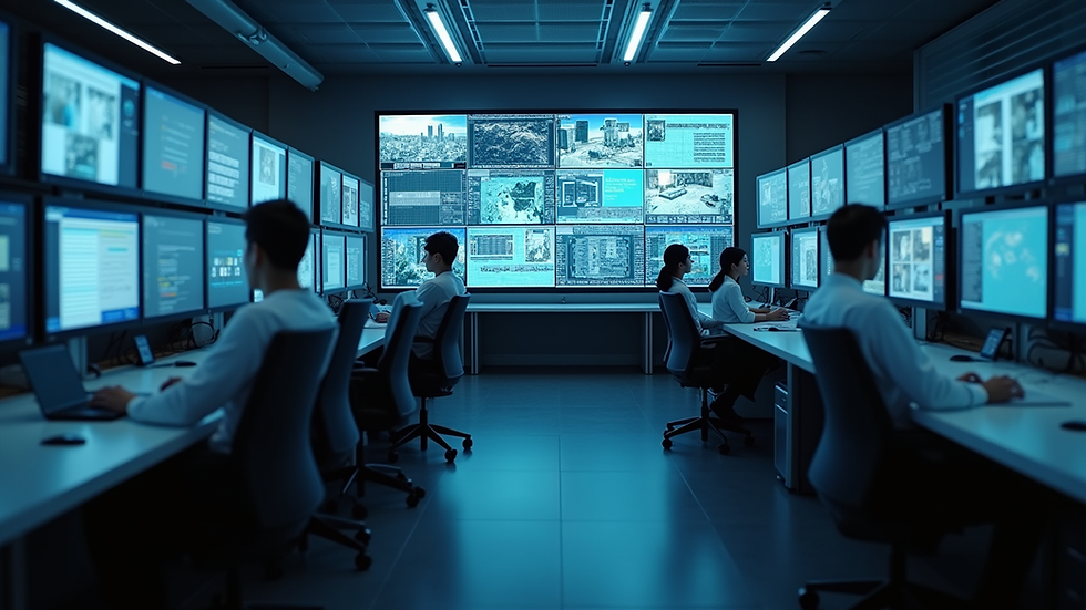 Eye-level view of a modern security control room with multiple screens