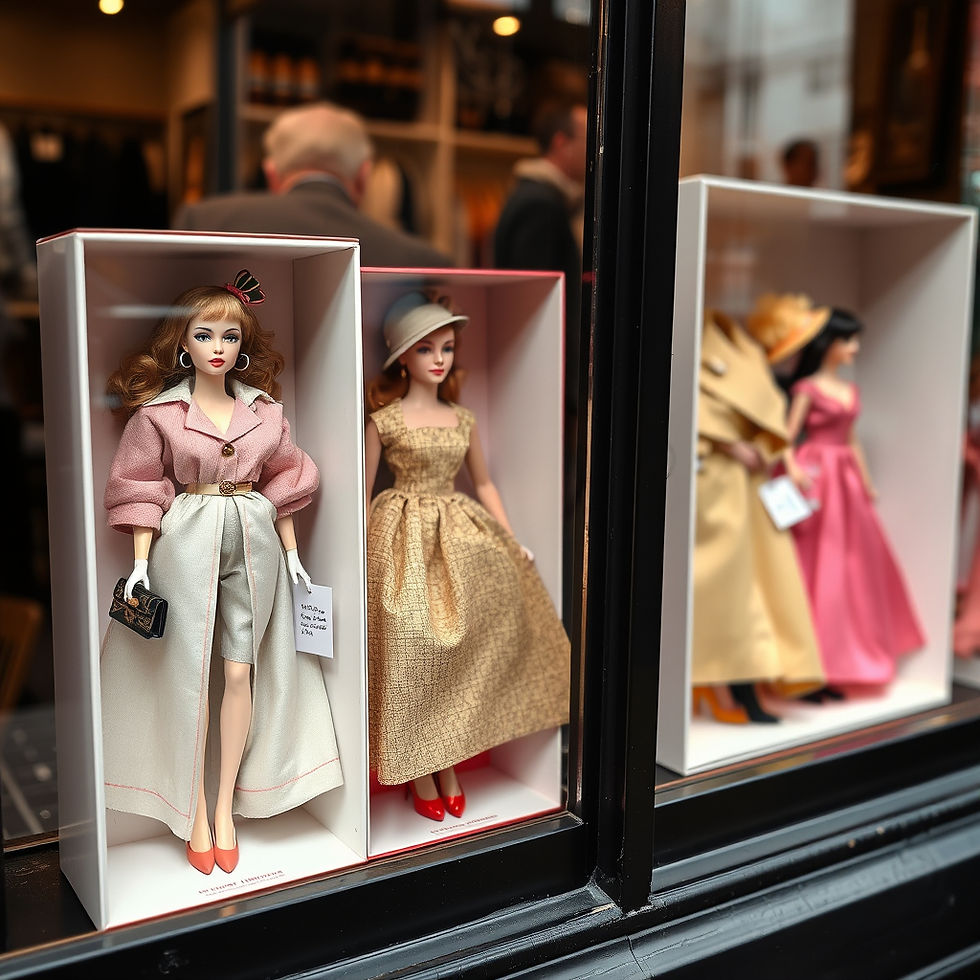 Puppen in rosa und goldenen Kleidern im Schaufenster ausgestellt. Sichtbare Etiketten. Erwachsene im Hintergrund unscharf, schaffen Vintage-Stimmung.