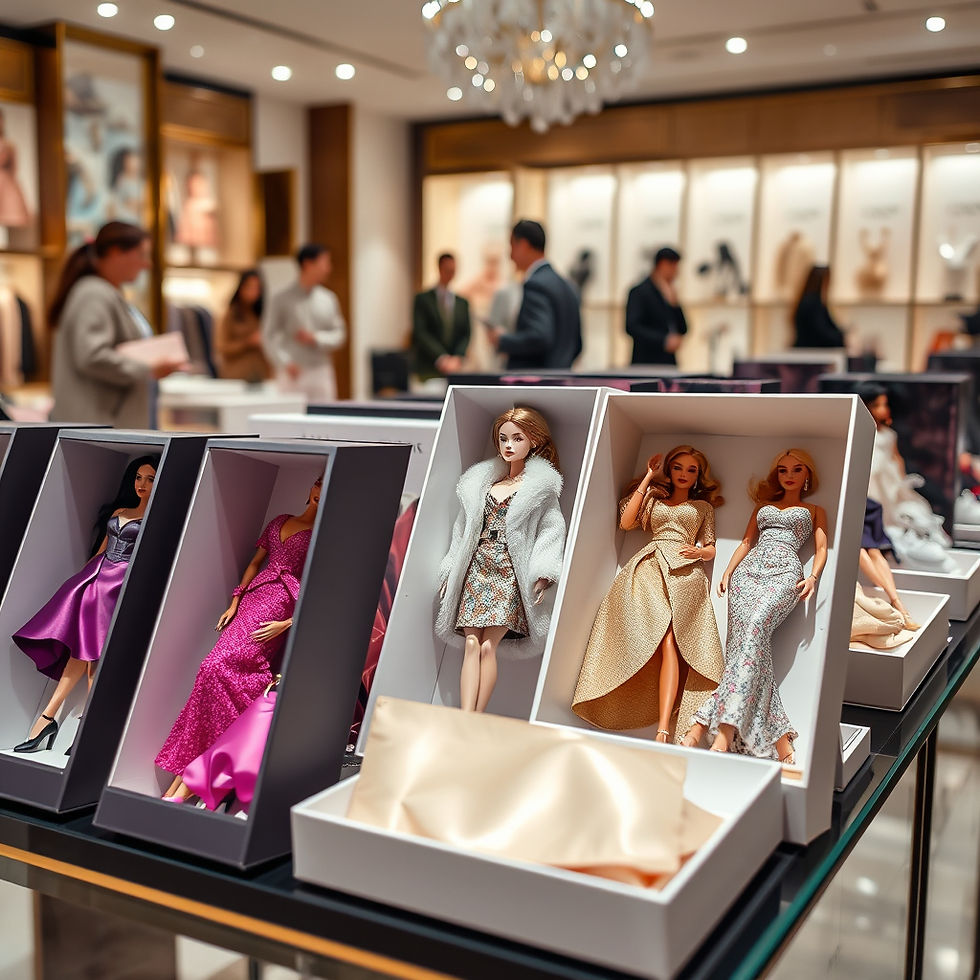 Sammlerpuppen in edlen Outfits in Boxen auf einem Ladendisplay. Hintergrund mit einkaufenden Personen in einem hellen, gehobenen Modegeschäft.
