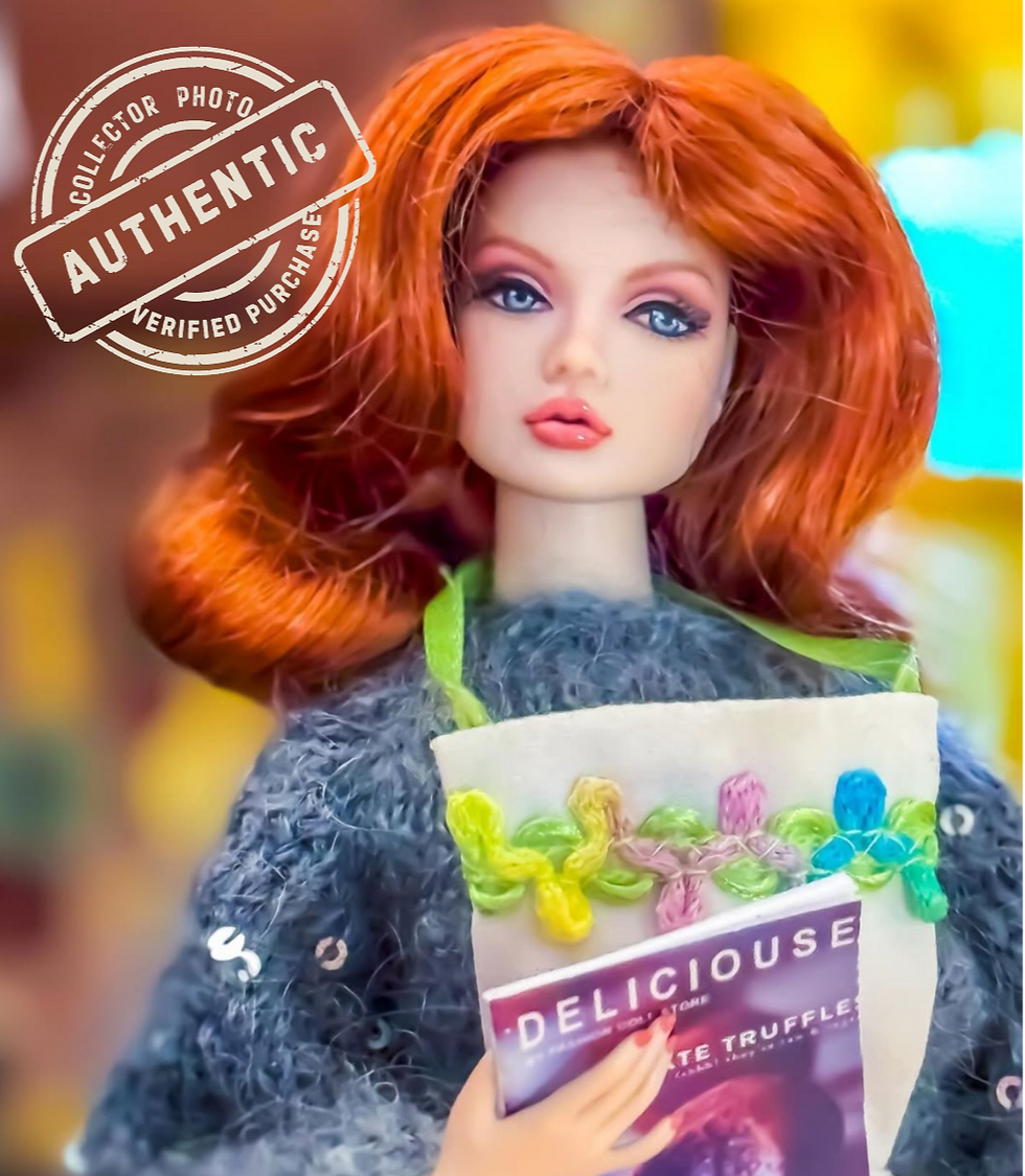 Doll holding DELICIOUS magazine, AUTHENTIC collector purchase. Embroidered Doll Couture. Accessories included