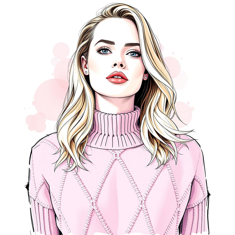 art illustration of Margot Robbie in rhombus pink jumper from barbie movie tour