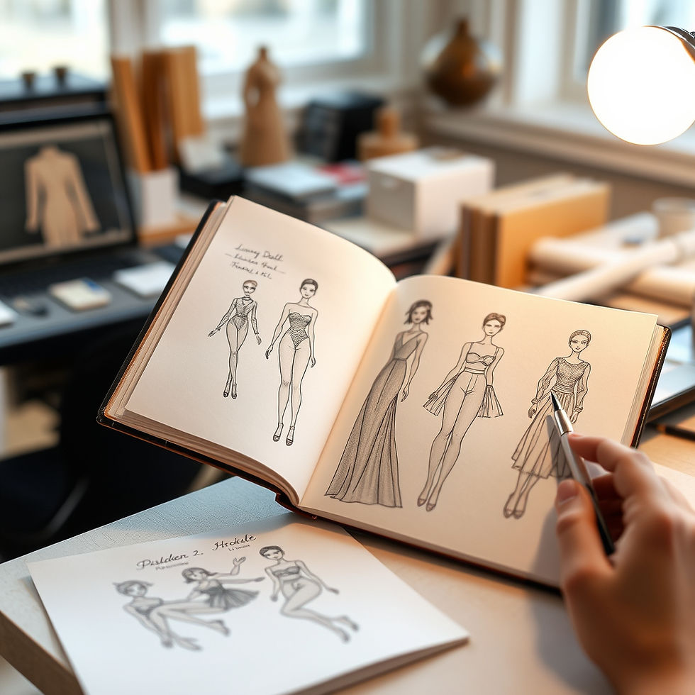 Auf einem Schreibtisch hält eine Hand ein Skizzenbuch mit Modezeichnungen. Im Hintergrund sind ein Computer und ein Fenster zu sehen. Kreative Atmosphäre.