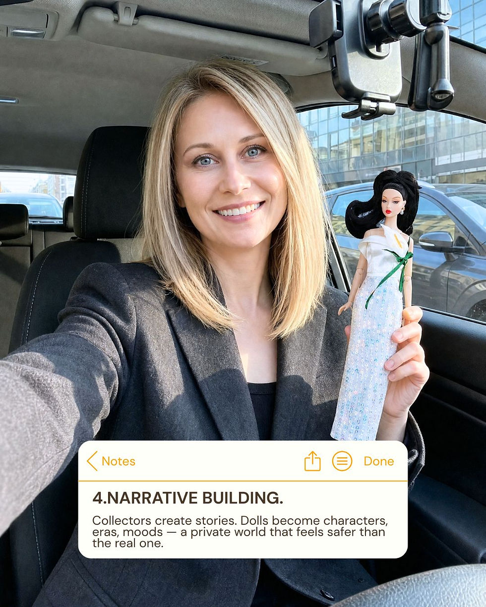 Smiling blonde woman in a car holds a fashion doll; Notes overlay reads Narrative building about collectors creating stories.