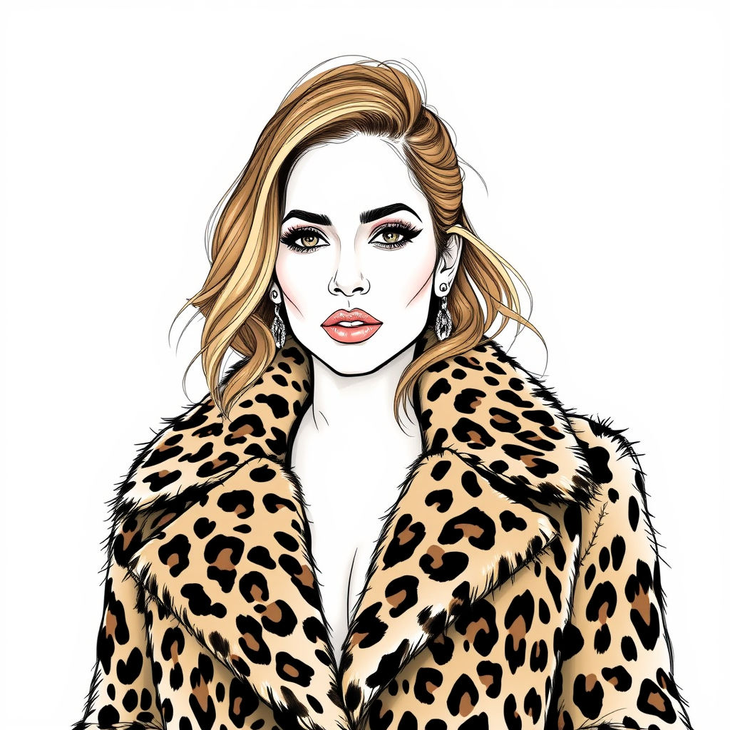 art illustration of Jennifer Lopez in leopard print coat