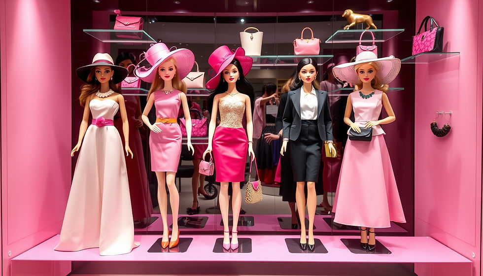 Five fashion dolls in pink dresses and hats stand in a boutique window with handbags on glass shelves.