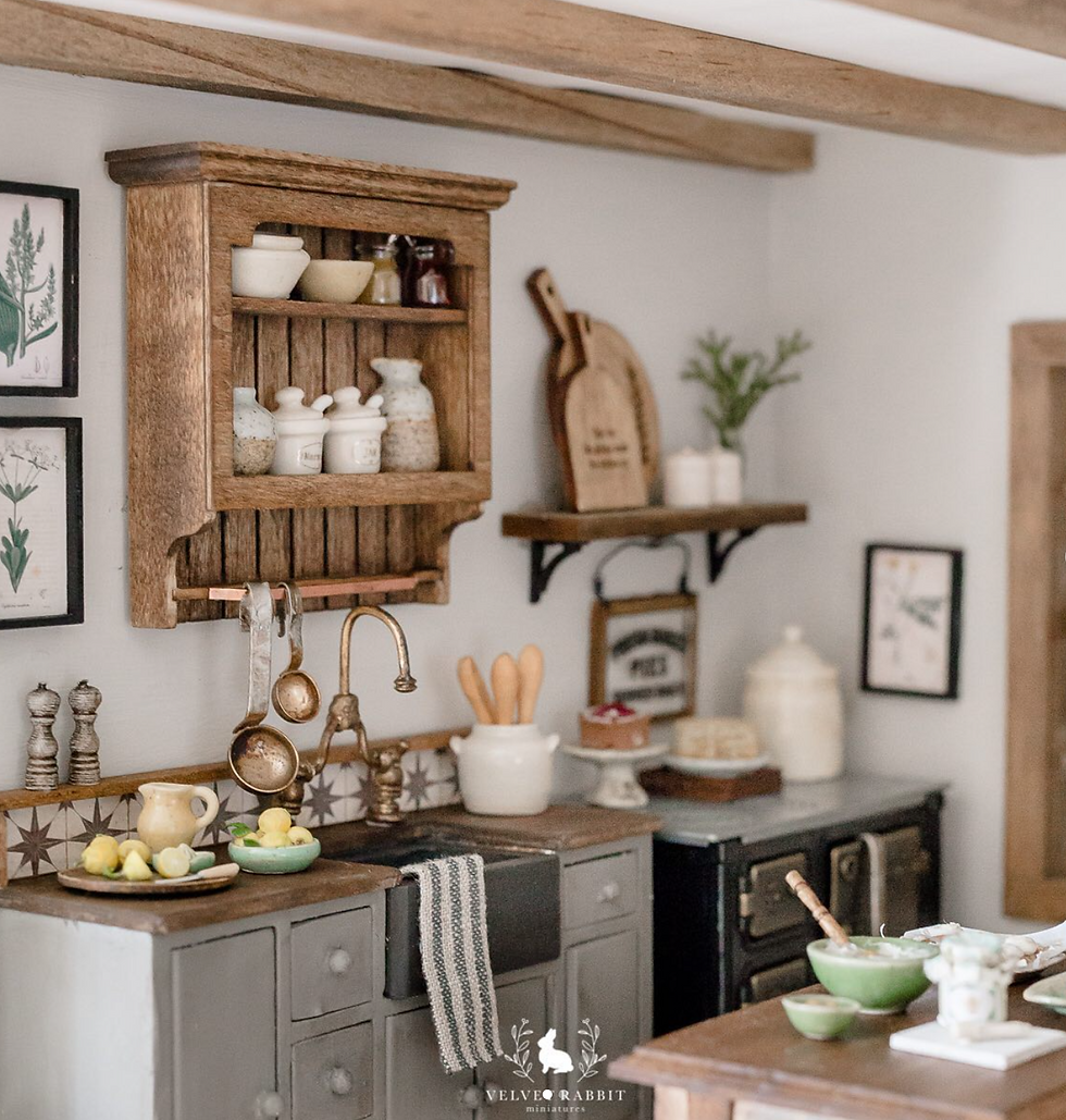 dollhouse kitchen design with miniature tap, stove an cupboards