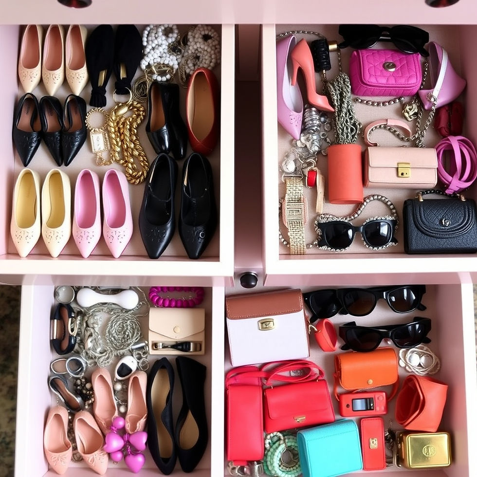 Schubladen mit stilvoll angeordneten Puppen Schuhen, Taschen und Accessoires in verschiedenen Farben, darunter Schwarz, Pink und Orange. Eleganter Look.