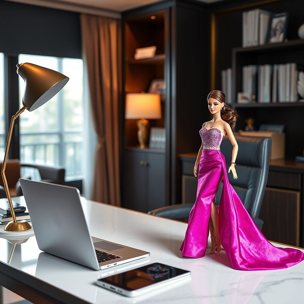 Puppe im rosa Kleid steht auf einem Schreibtisch neben Laptop, in stilvollem Büro mit Bücherregal und Lampe. Elegante Szene.