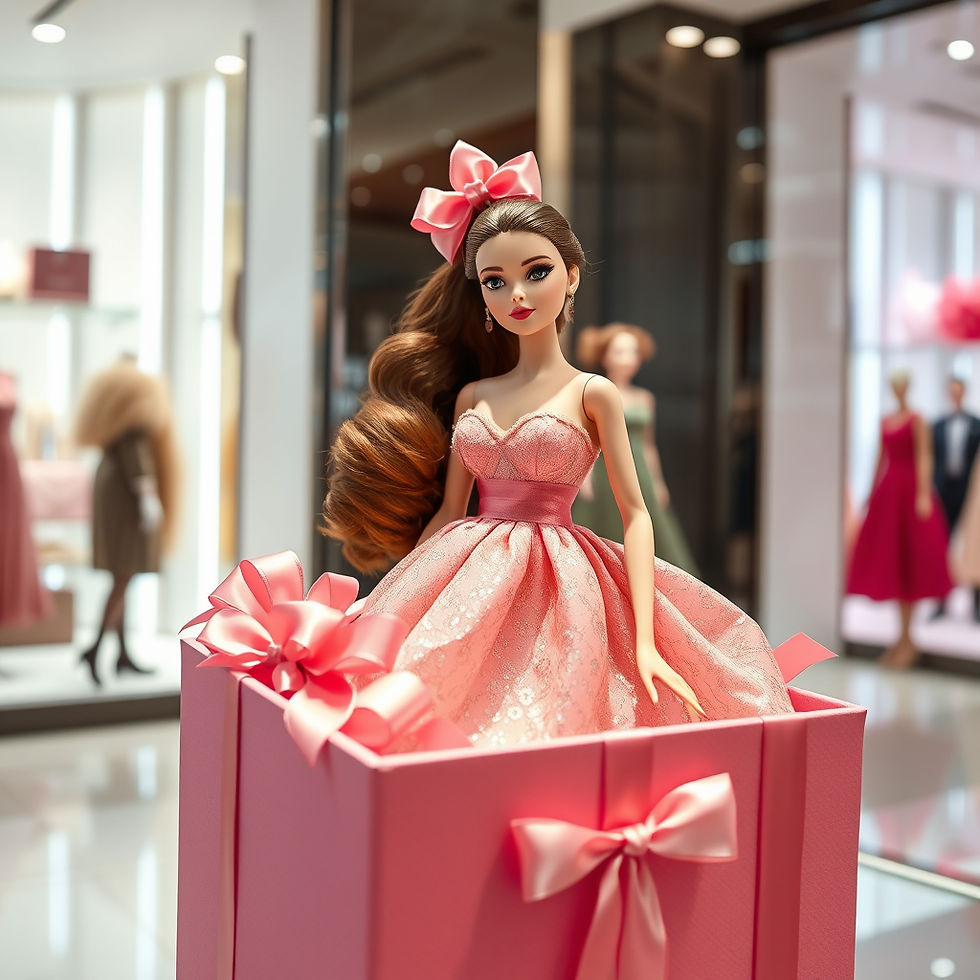 Puppe im rosa Spitzenkleid mit Schleife steht in offener rosa Geschenkbox im Laden. Hintergrund zeigt Schaufensterpuppen in eleganten Kleidern.