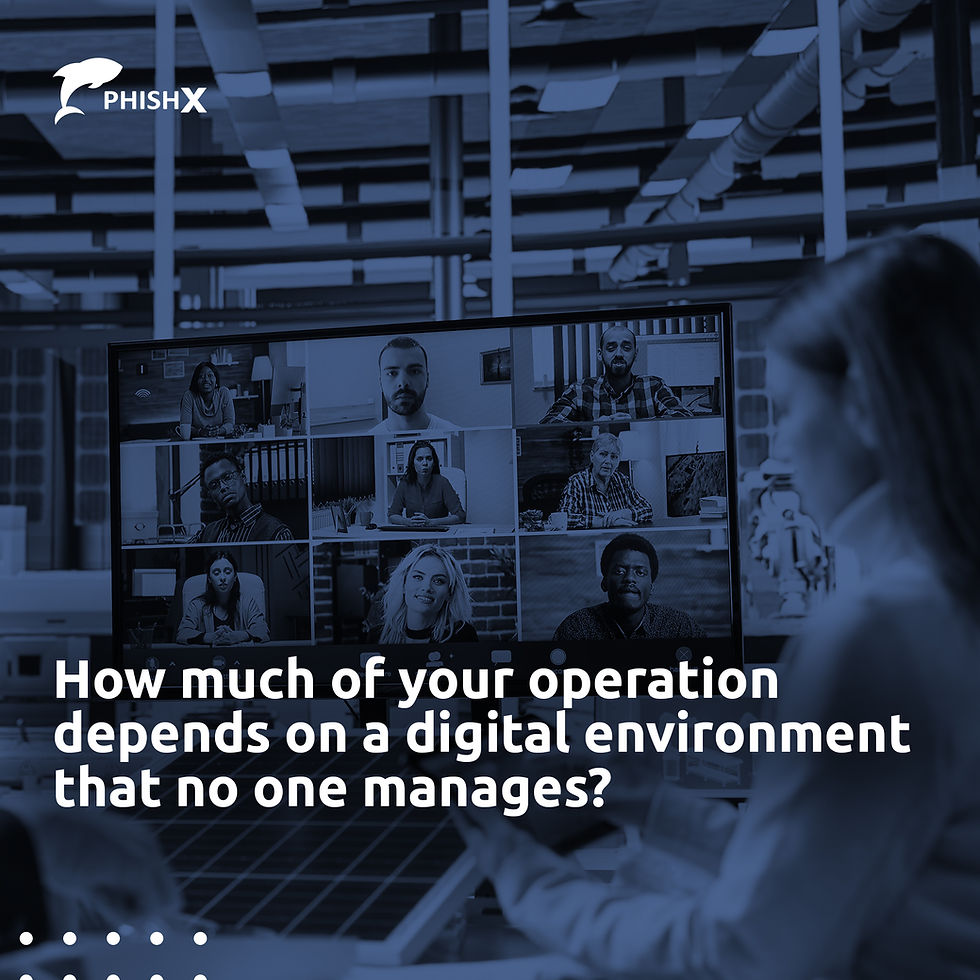 A person in a work environment monitoring a screen with several people on a video conference, collaborating remotely; image in blue tones with the text: "How much of your operation depends on a digital environment that nobody manages?" and the PhishX logo in the upper left corner.