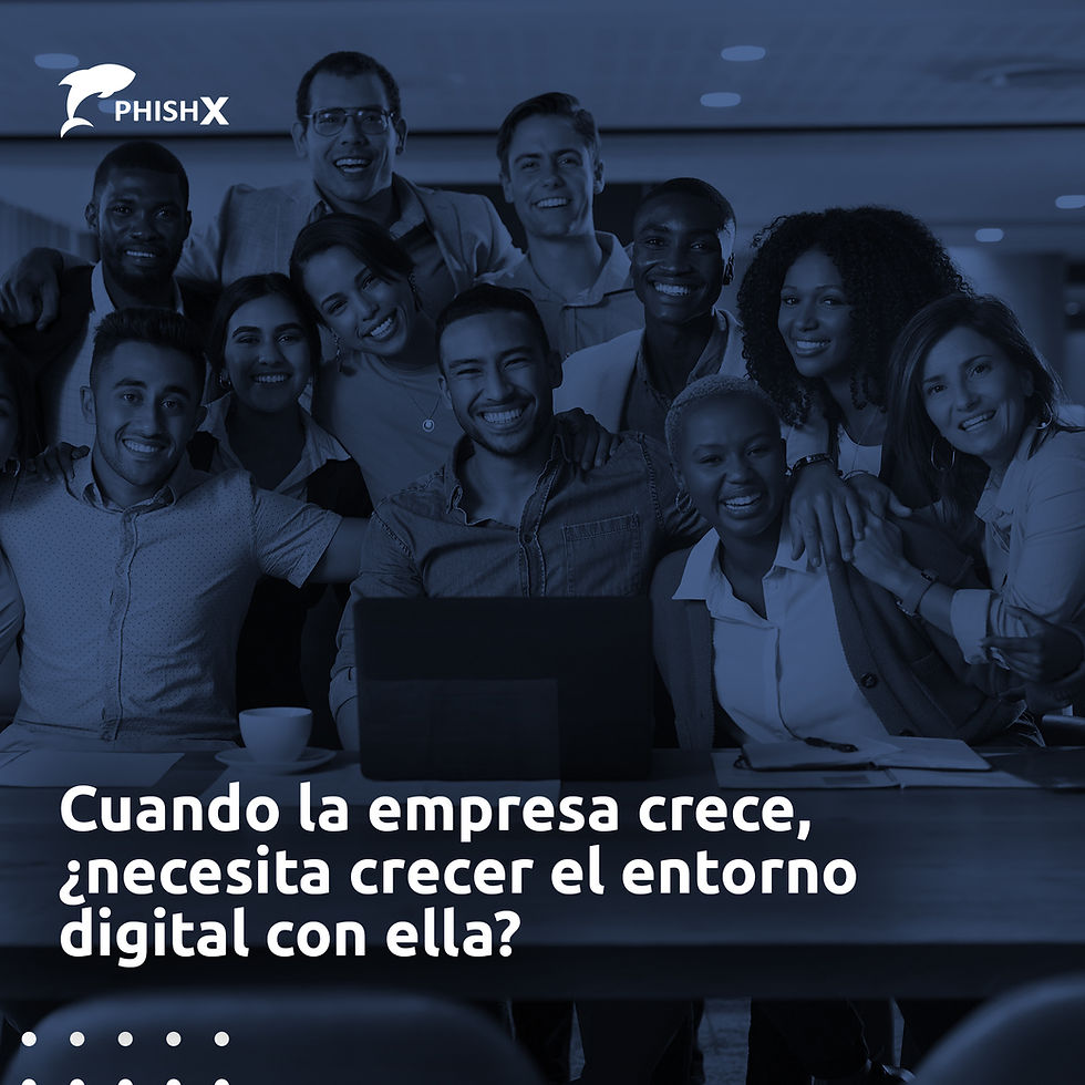 Una imagen en tonos azules muestra a un grupo de personas sonrientes reunidas frente a una computadora, representando a un equipo corporativo diverso en un entorno de oficina. El logotipo de PeopleX aparece en la esquina superior izquierda. En la parte inferior de la imagen se lee el texto: «Cuando la empresa crece, ¿es necesario que el entorno digital crezca con ella?».
