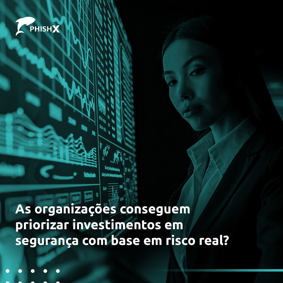 Uma profissional em trajes formais observa um grande painel digital com gráficos, indicadores e visualizações de dados, em um ambiente com iluminação reduzida que remete a um centro de monitoramento ou análise. A cena transmite a ideia de acompanhamento estratégico de métricas e tomada de decisão baseada em dados. A imagem possui um filtro em tom azul-esverdeado e apresenta o texto: “As organizações conseguem priorizar investimentos em segurança com base em risco real?” junto ao logotipo da PhishX no canto superior esquerdo.