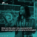 The image shows a woman giving a presentation at a technology forum. She is holding a tablet while speaking to the audience. The presentation appears to be related to artificial intelligence, as indicated by the brain graphic and the acronym "AI" in the background. The environment is modern, with digital screens displaying technology-related graphs and data. She is wearing a headset microphone, suggesting she is a speaker at a tech event or conference.