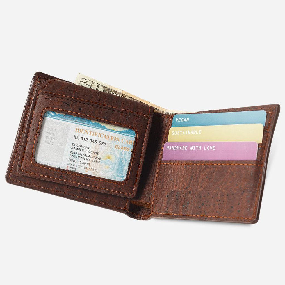 Brown vegan passcase wallet made of handcrafted cork with a classic earth-tone look and high durability.