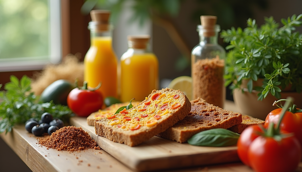 Vegan business growth represented by a high-end plant-based breakfast with natural ingredients and fresh juices.