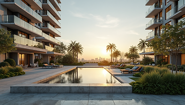 Piscina rectangular en patio de lujo entre dos edificios modernos, con palmeras y tumbonas al atardecer y vista urbana al fondo. Condominio administrado con Haûs