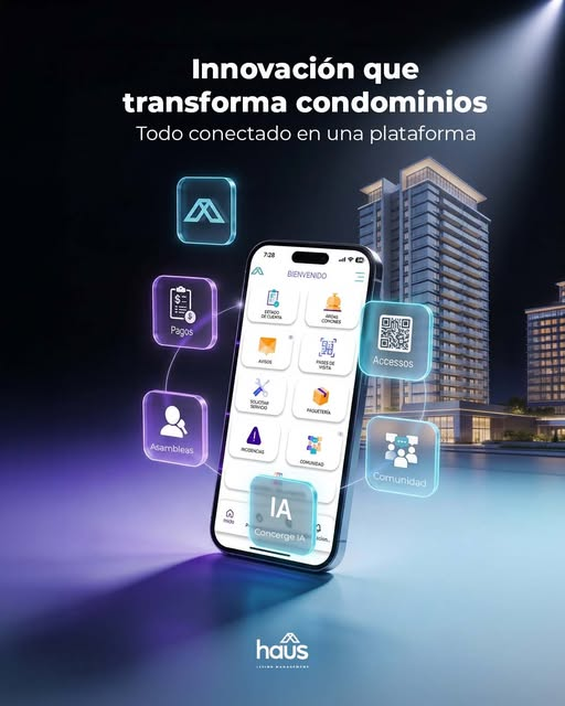 Celular mostrando la plataforma centralizada de haûs, la app para administracion de condominios y fraccionamientos que automatiza pagos, accesos, asambleas y comunicación en un solo lugar.