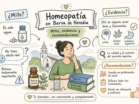 Infografía ilustrada sobre los beneficios de la homeopatia, mostrando a una mujer en equilibrio junto a remedios naturales y sus ventajas para la salud.