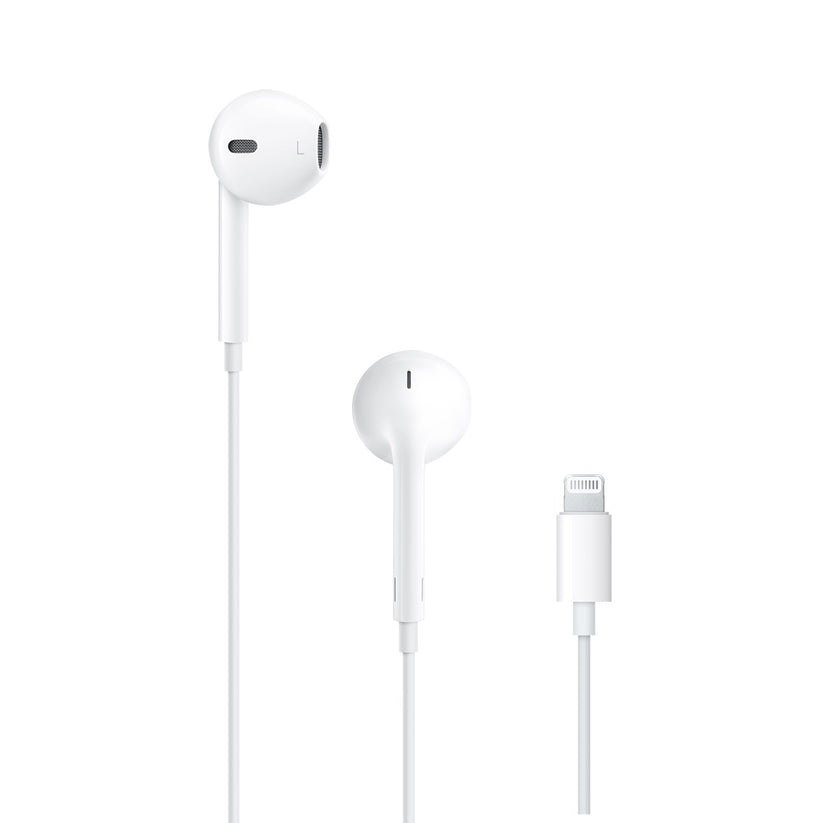 Un par de auriculares internos Apple EarPods blancos con su cable y conector Lightning, mostrados de frente y en perspectiva.