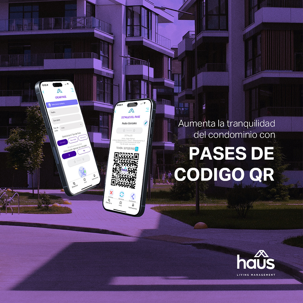 Interfaz de la aplicación Sistema haûs mostrando cómo funcionan los controles de acceso por QR en residenciales para aumentar la tranquilidad del condominio.