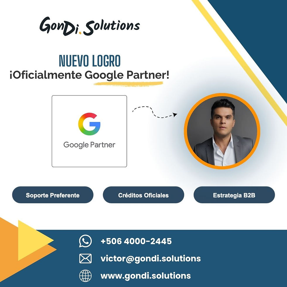 Official graphic art of GonDi.solutions announcing the accreditation as a Google Partner alongside the photograph of Víctor González Dondi, Google Ads consultant.