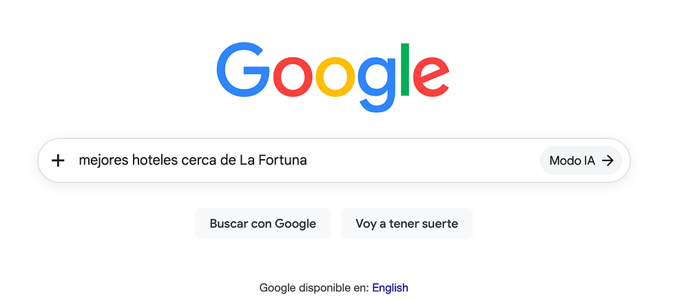 Screenshot of the Google homepage with the search "best hotels near La Fortuna"