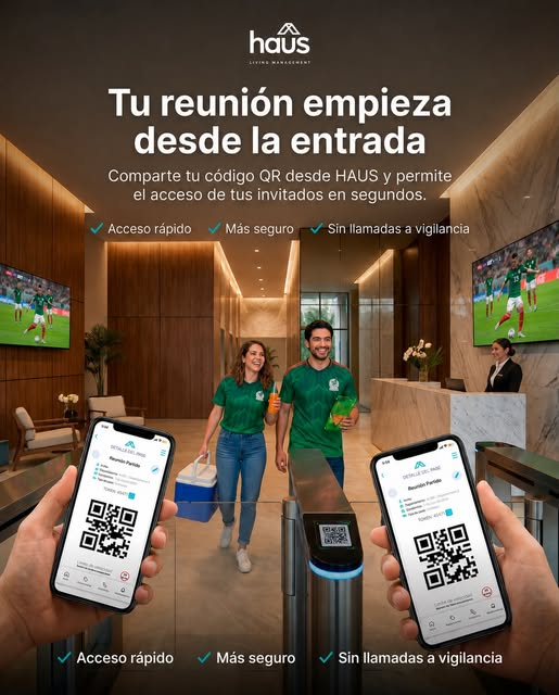 Acceso residencial con código QR en HAUS: visitantes ingresan por torniquete mientras se escanea un QR desde el celular para control de visitas residencial.