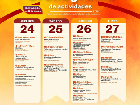 Cronograma oficial de actividades del festival Despertar del Arenal 2026 en La Fortuna, organizado por ADIFORT. Muestra la agenda del viernes 24 al lunes 27 de julio, incluyendo ferias de artesanos, pasacalles, competencias de bandas y charlas culturales.