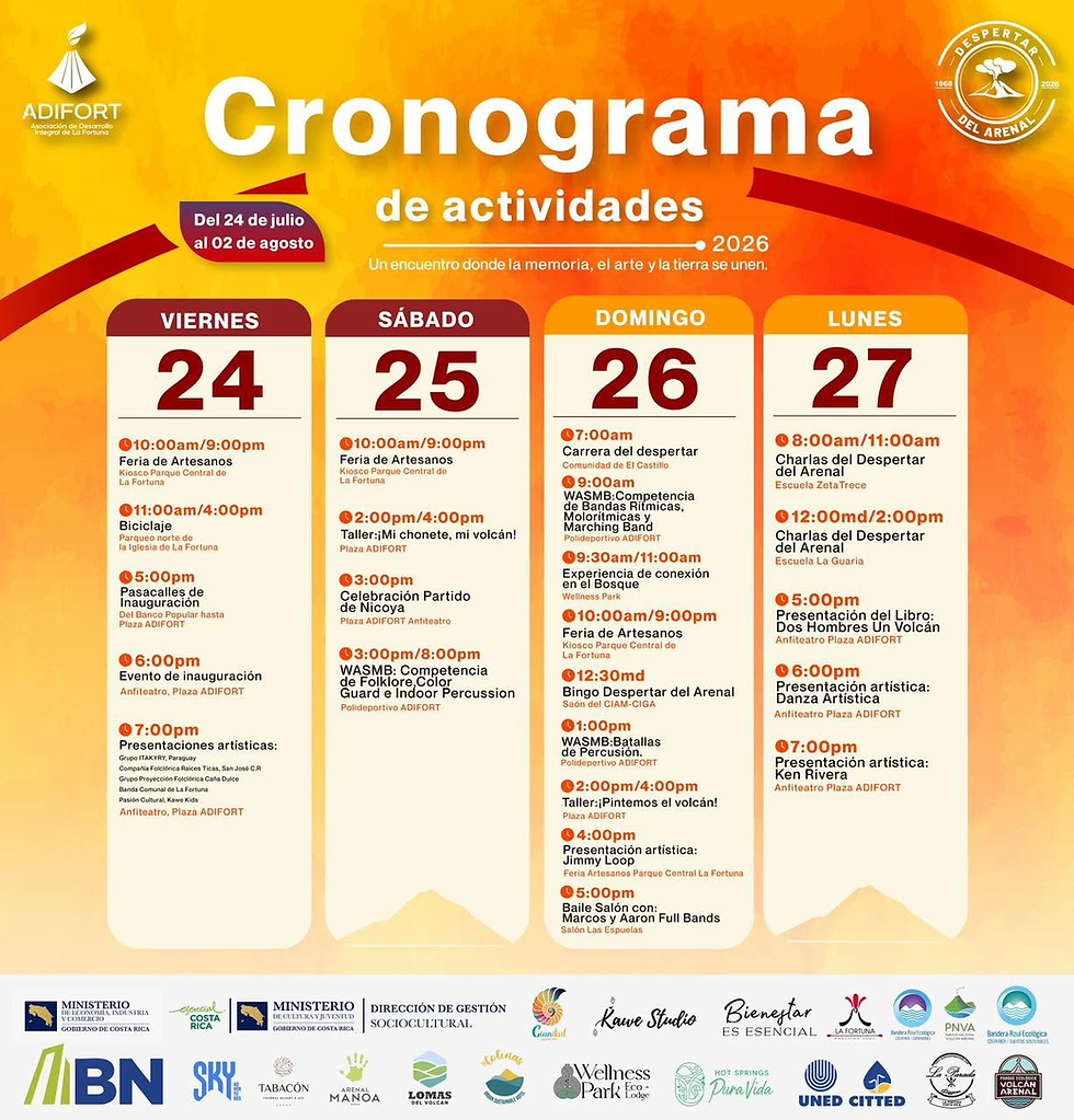 Official schedule of activities for the Despertar del Arenal 2026 festival in La Fortuna, organized by ADIFORT. It shows the agenda from Friday, July 24th to Monday, July 27th, including artisan fairs, parades, band competitions, and cultural talks.