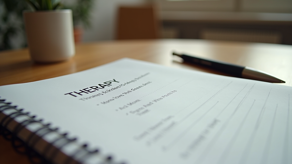 Close-up view of a notebook with therapy notes and a pen on a wooden desk